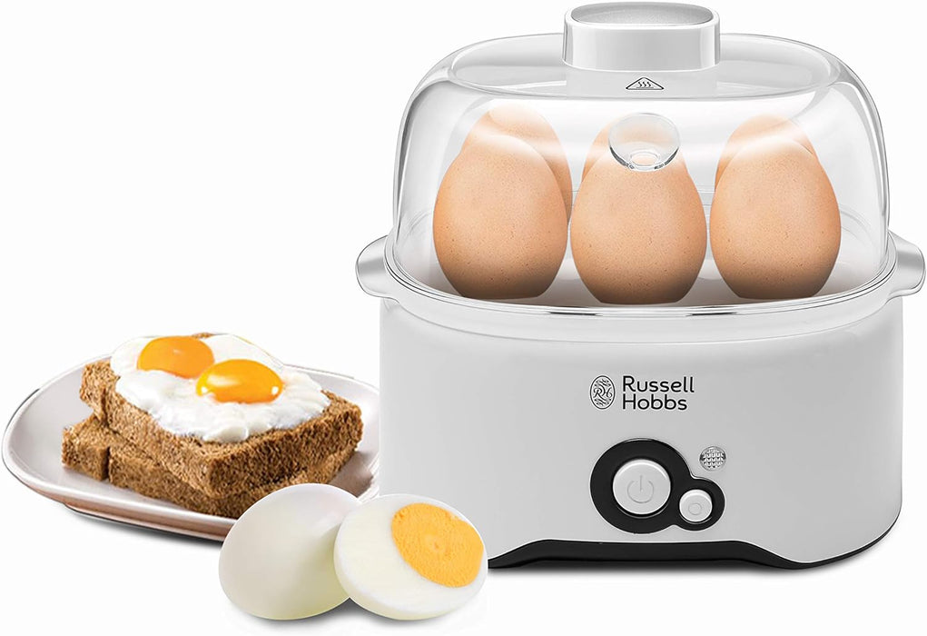 Russell Hobbs REG300-300 Watts Fully Automatic Egg Cooker with Egg Cooking Rack, 2 Poaching Pans and Measuring Cup (White) with 2 Years Manufacturer Warranty