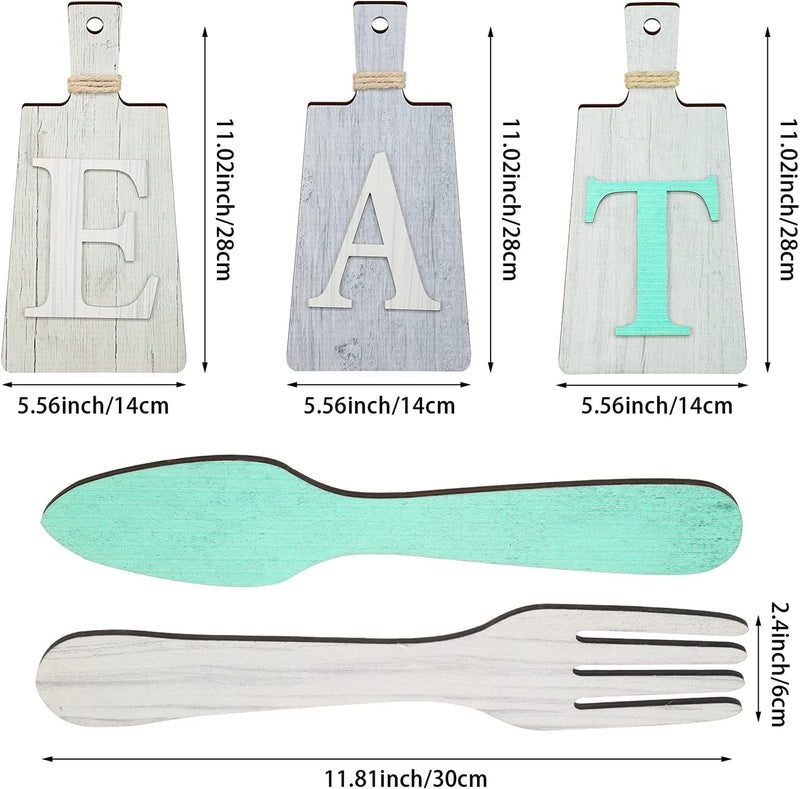 Jetec Cutting Board Eat Sign Set Hanging Art Kitchen Fork and Spoon Wall Decor Rustic Primitive Country Farmhouse for Home Decoration ()