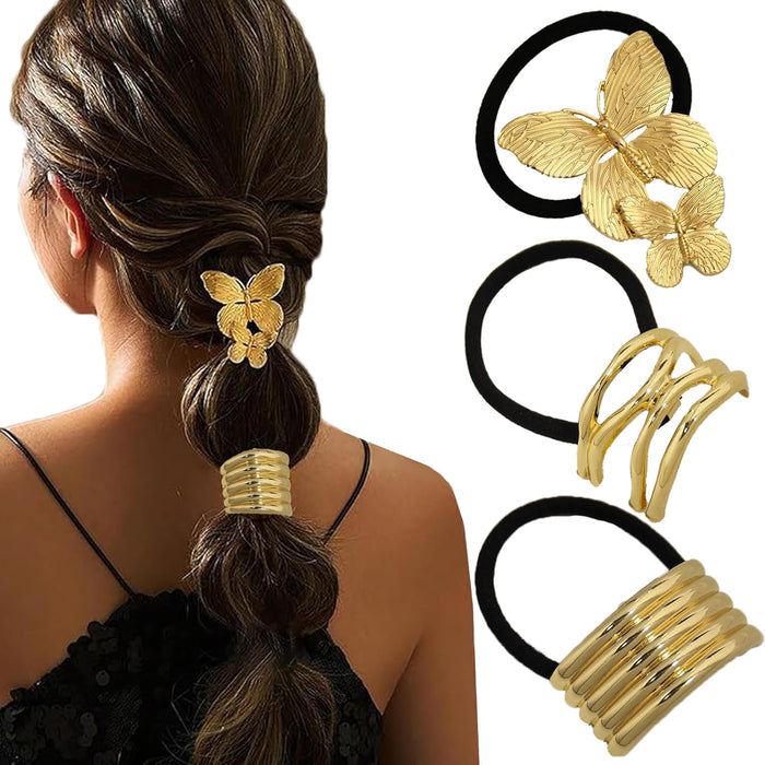 3PCS Metal Hair Ties, Ponytails Hair Cuffs Metal Geometric Elastic Hair Ties Women's Glossy Ponytail Hair Elegant Durable Design Tie Hair Accessories for Thick Hair Ponytails suitable (gold, 3pcs)