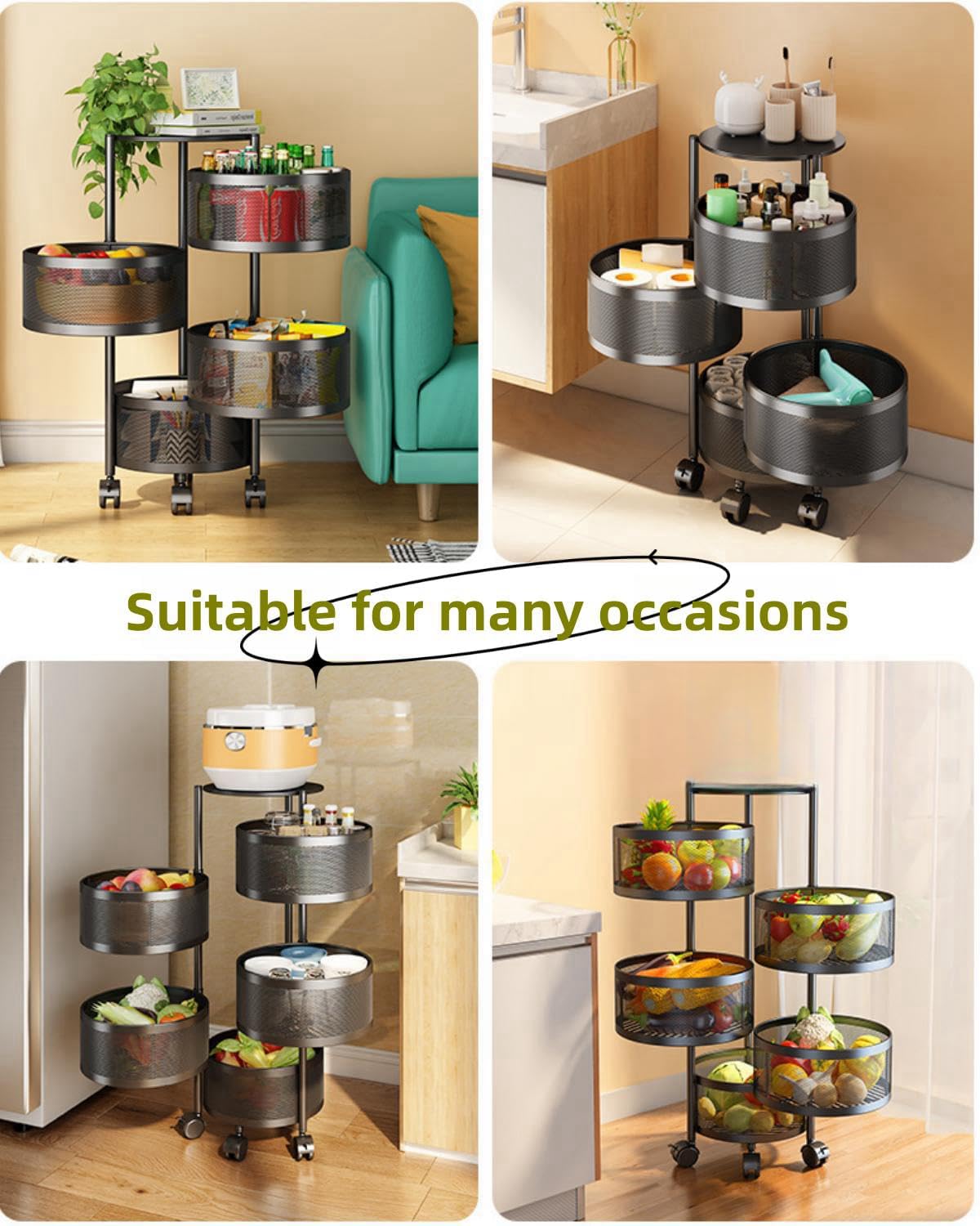 SKY-TOUCH 5 Tier Kitchen Storage Shelf, Rotatable Fruit Vegetable Basket, Circular Rotating Basket Large Storage Rack with 4 Movable Wheels – image 6