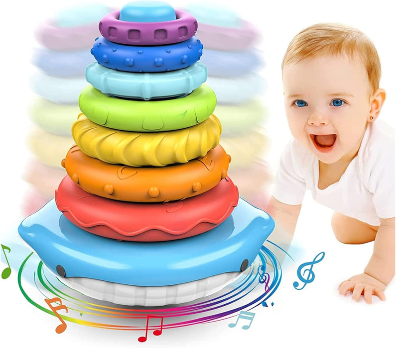 AM ANNA Stacking & Nesting Circle Toy, Infant Rainbow Stacking Rings with Sounds Newborn Toys for 1+ Year Old Boy Girl,Montessori Sensory Squeeze Play with Early Educational Learning Stacking Tower