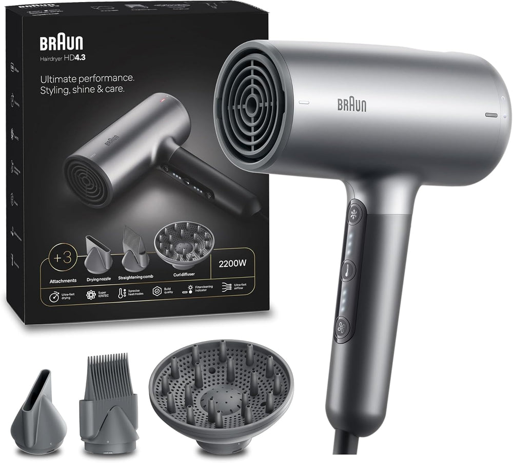Braun Hair dryer HD4.2 Ultimate Performance, Shine & Care, HTDC Motor, 2100 Watts, Electronic Touch Control, with 2 Attachments Drying Nozzle, Curl Diffuser, BRHD425SDE - Electro Grey.