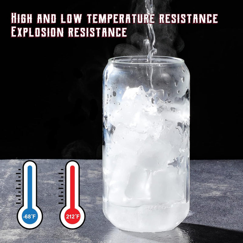 HOOJO Drinking Glasses with Bamboo Lids and Glass Straw 4pcs Set - 16oz Can Shaped Glass Cups, Mocktail Glasses, Iced Coffee Glasses, Cute Tumbler Cup, Ideal for Cocktail,Gift - 2 Cleaning Brushes