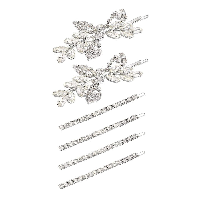 6 Pcs Rhinestone Bridal Hair Clip, Leaf Wedding Hairpin, Bride Crystal Hair Barrette Accessories For Women, Diamond Bobby Pins, Jewelry Barrette (Silver, Rhinestone Style)