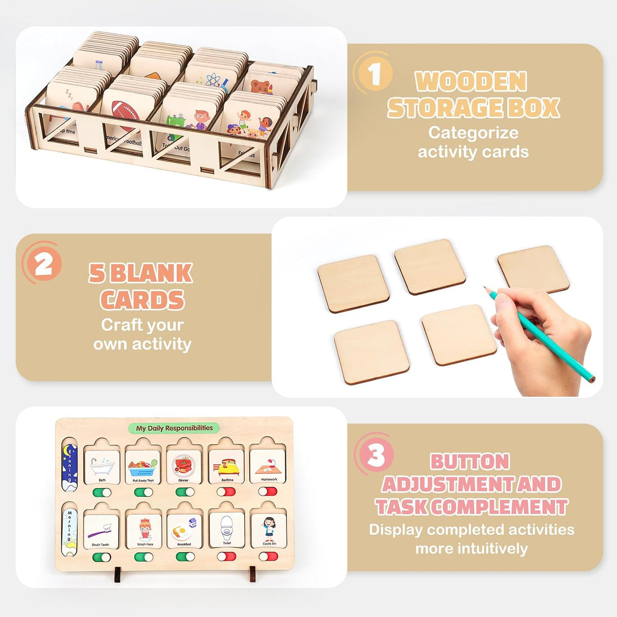 Wooden Visual Schedule for Kids Chore Chart, Morning Bedtime Routine Charts for Kids Toddlers, autism learning materials&Daily Schedule Board for home – image 5