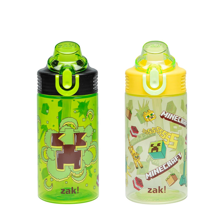 Zak Designs Minecraft Sage Kids Water Bottle For School or Travel, 16oz Durable Plastic Water Bottle With Straw, Handle, and Leak-Proof, Pop-Up Spout Cover, 2-Pack Set (Creeper)