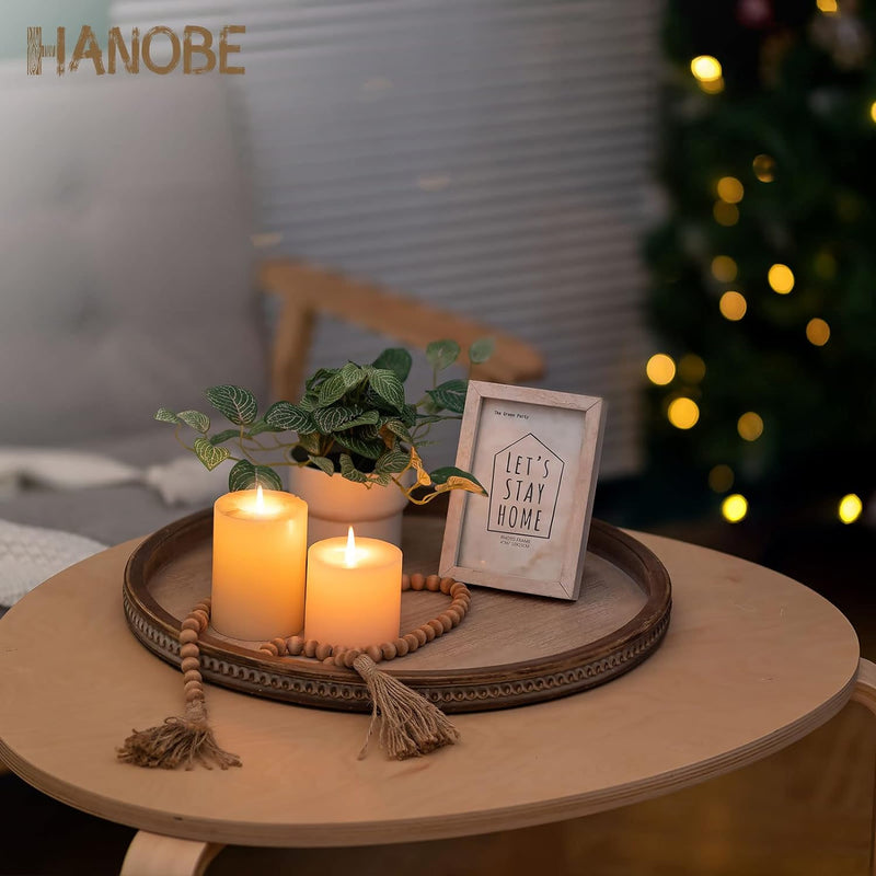Hanobe Decorative Serving Tray Wood: White Washed Bead Round Tray Decor for Coffee Table Rustic Wooden Trays Farmhouse Centerpiece for Living Room Kitchen Counter