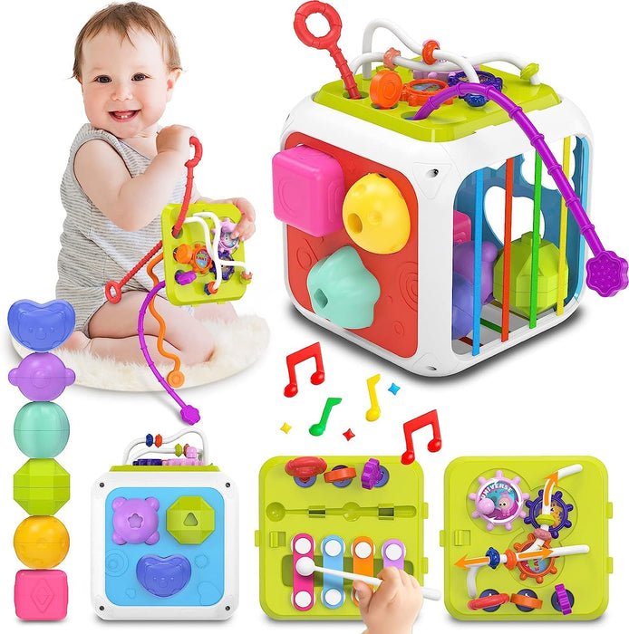 AM ANNA Baby Shape Sorting Toy, Montessori Sensory Activity Colorful Cube,7 in 1 Multifunction Educational Toys with Sensory Sorting Bin with Elastic Bands,Stacking Blocks for Ages 12 Months+