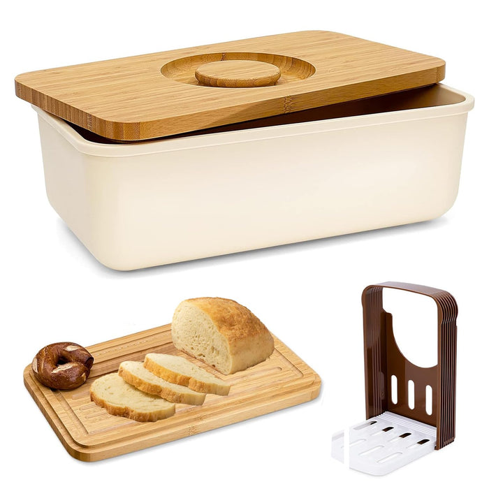 Angju Bread Box With Bamboo Wood Cutting Board Lid & Bread Slicer Holder, Rectangular Cream Color Bread Container For Kitchen Countertop, 40.5 * 21 * 13cm, Bread Storage Container