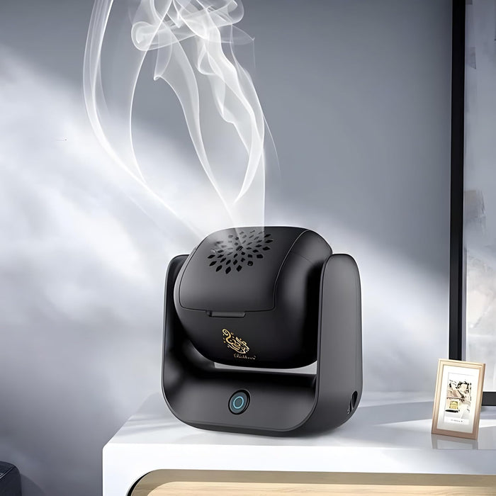 Smart Electric Bukhoor fragrance diffuser for Car and Home – Portable USB Rechargeable Oud Diffuser with Rotating Base – Flameless Incense Burner for Arabic Oud, Bakhoor, and Aromatherapy