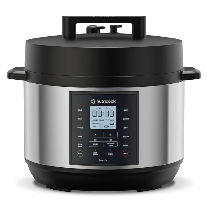 Nutricook Smart Pot 2 Plus 1500 Watts - 9 Appliances in 1, Pressure Cooker, Slow Cooker, Rice Cooker, Steamer, Sauté Pot, Yogurt Maker, Soup Maker, Cake Maker, Food Warmer, 9.5L, Brushed SS/Black