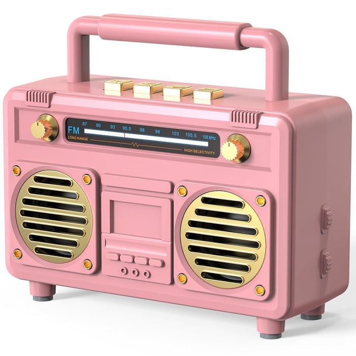 Azonee Mini Retro Bluetooth Speaker, Portable Bluetooth Stereo Speaker, Small Vintage Wireless Speaker Support TF Card - USB, for Travel, Home, Beach, Kitchen for Android/iOS Devices (Pink)