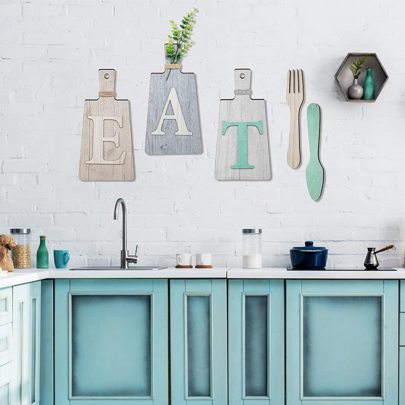 Jetec Cutting Board Eat Sign Set Hanging Art Kitchen Fork and Spoon Wall Decor Rustic Primitive Country Farmhouse for Home Decoration ()
