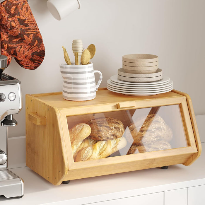 VITAL Bamboo Bread Box keep The Bread Fresh For Kitchen Counter-Large Capacity Wooden Bread Storage Container Farmhouse Bread Box with Window Bread Holder