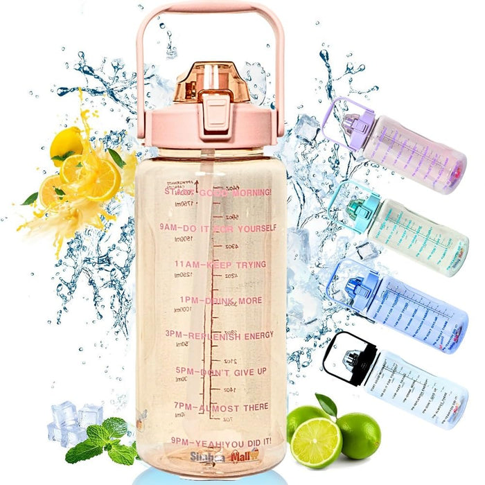 Simbaa Mall™ Motivational Large Water Bottle 2 Liters With Time Markers Reminder,BPA Free Leak-proof Reusable Bottle With Removable Straw & Handle, Clear Bottle for Kids, Gym, Fitness |5 Colors (Pink)
