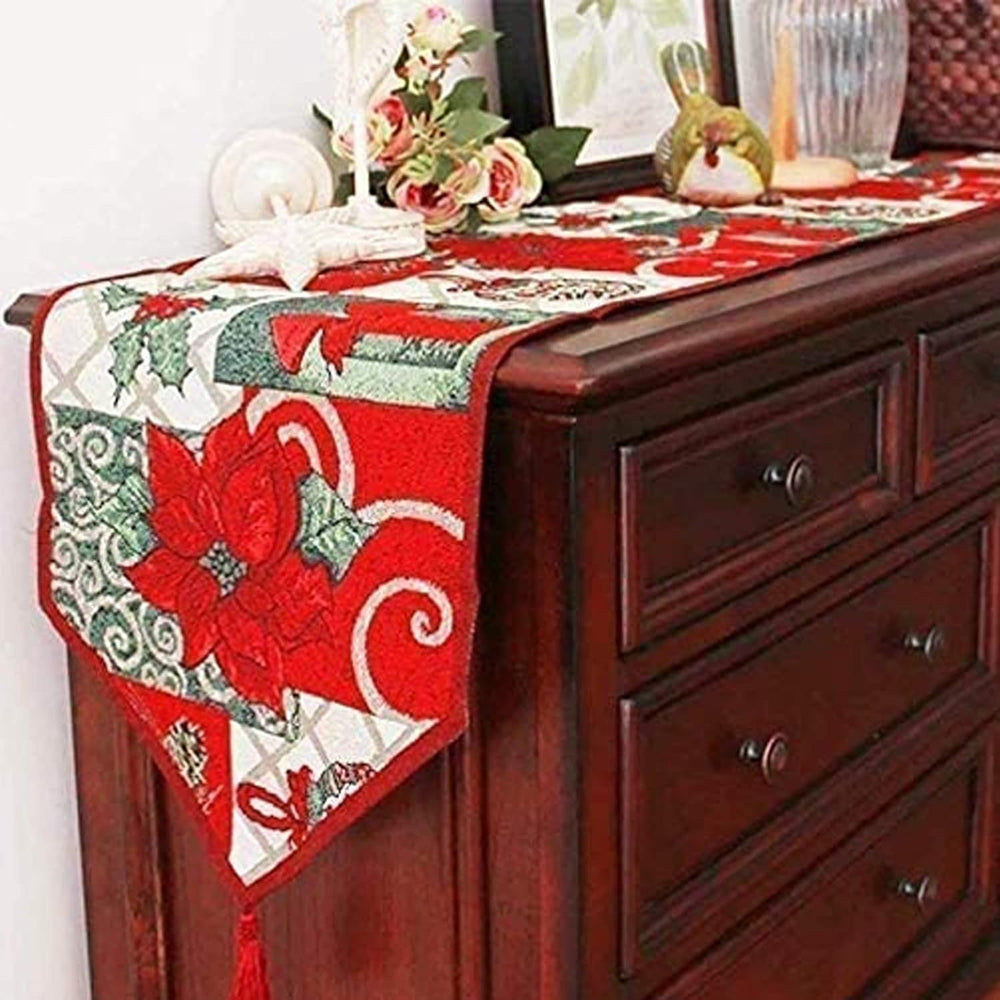 Sulfar Christmas Decorative Table Runner 13 x 71 inch Cotton Table Cloth with Tassels Floral Sofa Table Decor for Christmas & Thanksgiving Party