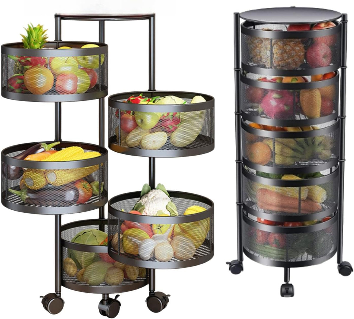 SKY-TOUCH 5 Tier Kitchen Storage Shelf, Rotatable Fruit Vegetable Basket, Circular Rotating Basket Large Storage Rack with 4 Movable Wheels – image 1
