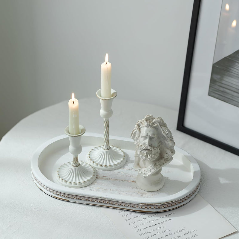 Hanobe Decorative Serving Tray Wood: White Washed Bead Round Tray Decor for Coffee Table Rustic Wooden Trays Farmhouse Centerpiece for Living Room Kitchen Counter