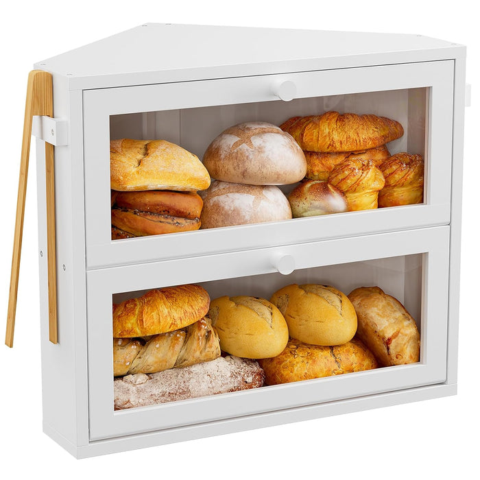 WOWLIVE Corner Bread Box for Kitchen Countertop, Large Double Layer Bread Storage Container for Homemade Bread, Black Bread Holder for Kitchen Counter, Under Cabinet Organizer (White, Medium)
