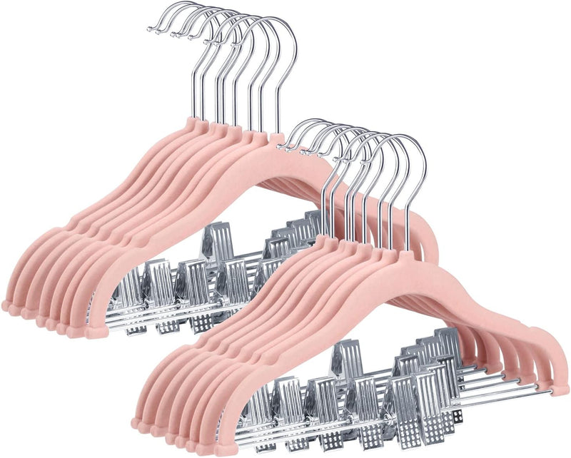 ManGotree 11.8'' Baby Velvet Hangers with Movable Clips, Non-slip Kids Clothes Hangers, Ultra-thin Space-saving Children's Felt Hangers for Shirts, Pants, Dresses, Skirts, Jackets (16 Pack, White)