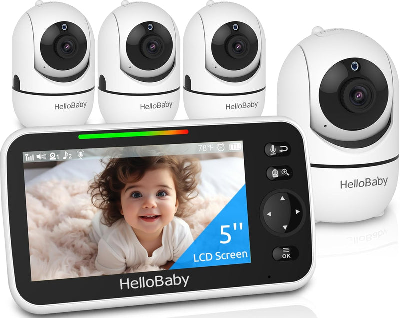 HelloBaby Upgrade Monitor, 5''Sreen with 30-Hour Battery, Pan-Tilt-Zoom Video Baby Monitor with Camera and Audio, Night Vision, VOX, 2-Way Talk, 8 Lullabies and 1000ft Range No WiFi, Ideal Gifts