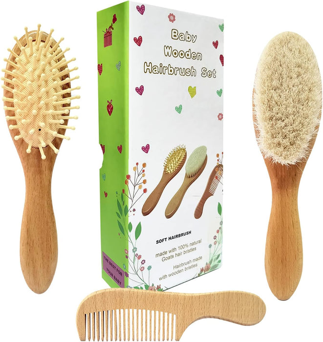 3 Piece Baby Hair Brush and Comb Set for Newborn Toddlers- Natural Wooden Hairbrush with Soft Goat Bristles for Cradle Cap - Perfect Scalp Grooming Product for Infant, Toddler, Kids, Baby