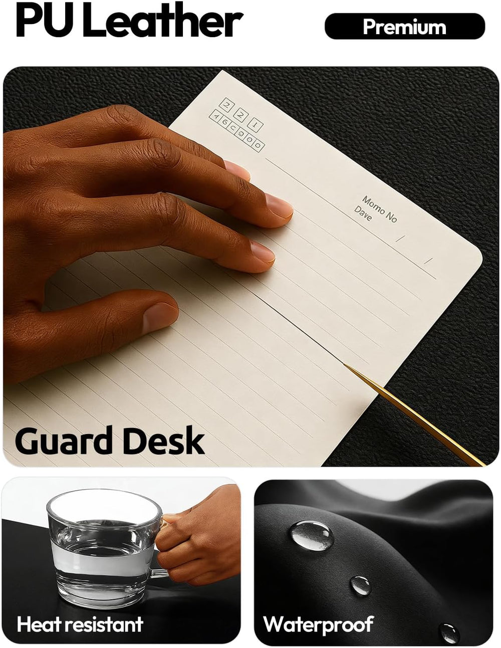 Desk Mat Large, Leather Mouse Pad, Black, 120x60cm Large Mousepad, Office Desk Protector, Non-Slip, PU Leather, Laptop Desk Blotter, Waterproof Writing Pad, for Office/Home
