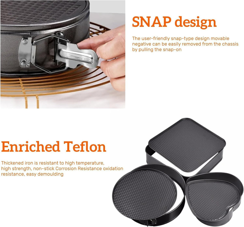 Yanek 3-Piece Springform Cake Pan Set Includes Square, Heart, & Round Molds Non-Stick, & Leakproof, Easy release For Baking Cakes Tarts & Desserts Durable Bakeware for Home & Professional Use