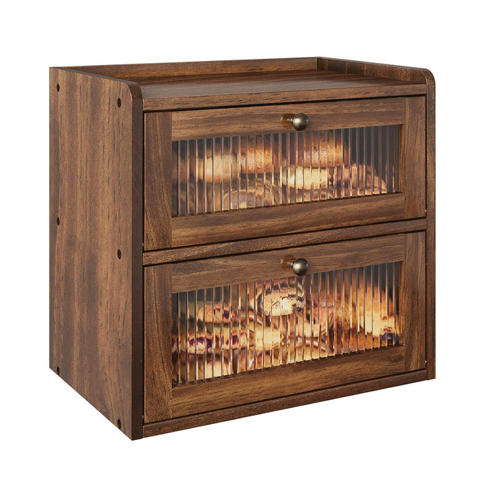 Alpeir Double Layer Large Bread Box for Kitchen Counter, Wooden Corner Bread Storage Container with Acrylic Window, Retro Brown