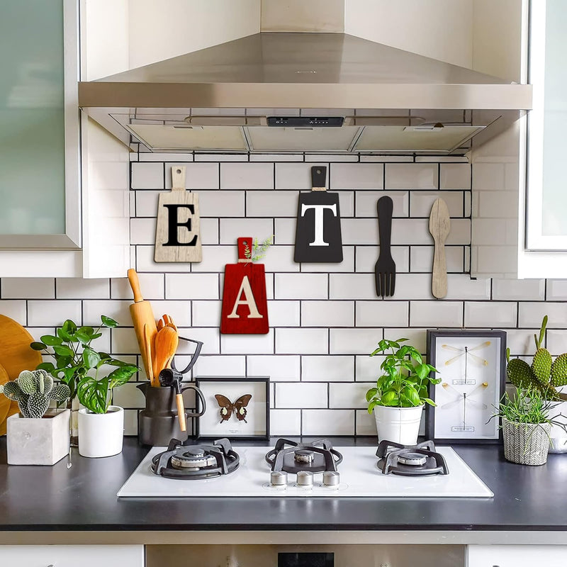 Jetec Cutting Board Eat Sign Set Hanging Art Kitchen Fork and Spoon Wall Decor Rustic Primitive Country Farmhouse for Home Decoration ()