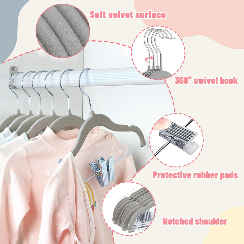 ManGotree 11.8'' Baby Velvet Hangers with Movable Clips, Non-Slip Kids Felt Hangers, Ultra-Thin Space-Saving Children's Clothes Hangers for Skirts, Pants, Dresses, Shirts, Jackets (7 Pack, Blue)