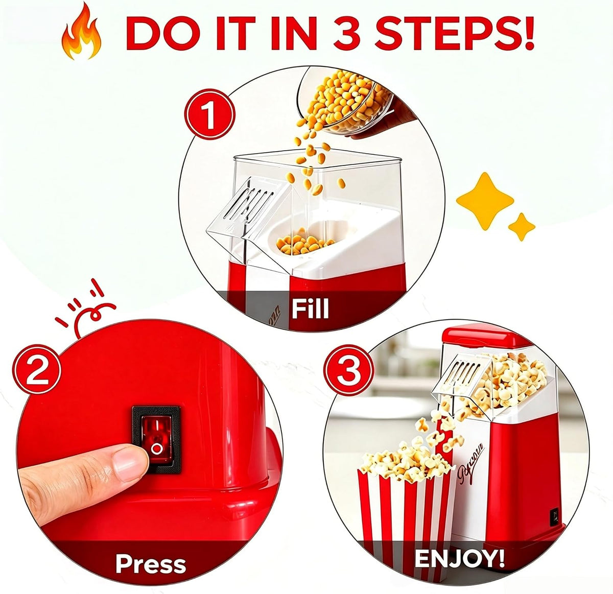 Spardar Oil-Free Home Popcorn Maker, Air Popcorn Popper with Measuring Cap, Ideal for Parties, Gatherings, Movie Nights, Gifts, Includes 3 Boxes, Red – image 3