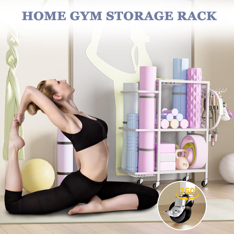 Home Gym Storage Rack, 3 Tier Yoga Mat Storage Rack with Wheel for Yoga Lover, Exercise Equipment and Workout Equipment Organizer, Yoga Mat Holder for Yoga Mats, Foam Roller and Dumbbells