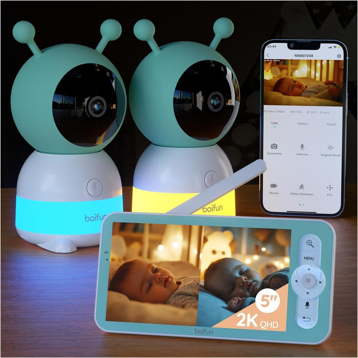 BOIFUN 2024 5" Split Screen Baby Monitor with 2 Cameras, 2K WiFi, Motion & Sound Detection, Temperature & Humidity Sensor, Night Vision