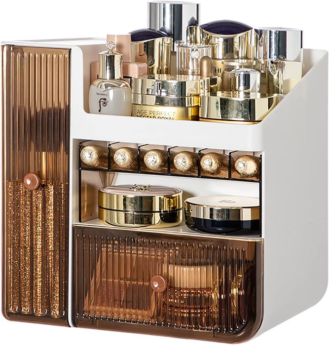 blueland Makeup Organizer, 3 Tier Luxury Countertop Cosmetic Storage Box with Multifunctional Makeup Jewelry Drawer, Desktop Beauty Display Organiser Stand for Lipsticks, Brushes, Lotions (White B)