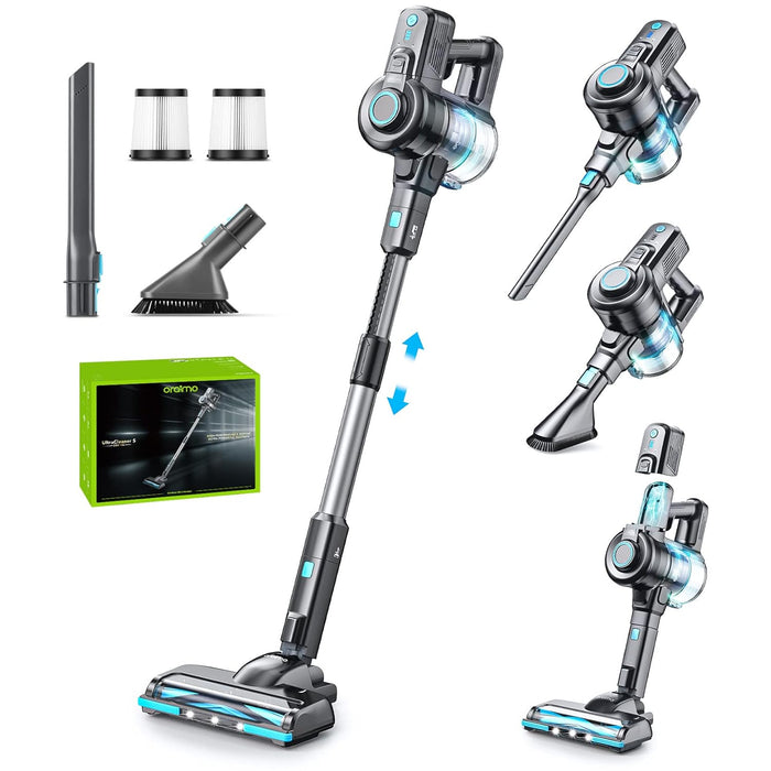 Oraimo Stick Vacuum, Cordless Vacuum Cleaner with Self-Standing, Cordless Stick Vacuum with 35 Mins Runtime Detachable Battery, 6 in 1 Lightweight Vacuum with LED for Hardwood Floor Carpet Marble Tile