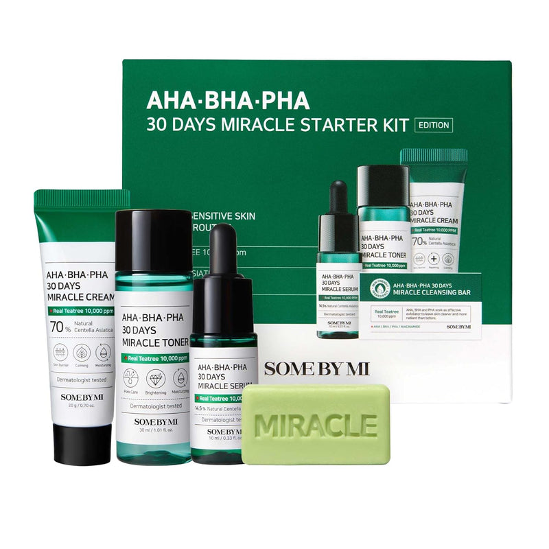 Some By Mi AHA-BHA-PHA 30 Days Miracle Starter Kit | Toner 30Ml + Serum 10Ml + Cream 20G + Cleansing Bar 30G | Set Of 4 Travel Kit