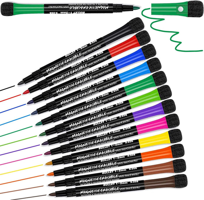 NALACAL Whiteboard Markers, Dry Wipe Pens, White Board Markers Erasable White Board Pens Colour, Magnetic Whiteboard Pens with Eraser, Thin Dry Erase Marker Fine Point, Teacher Supplies(12 Pack)