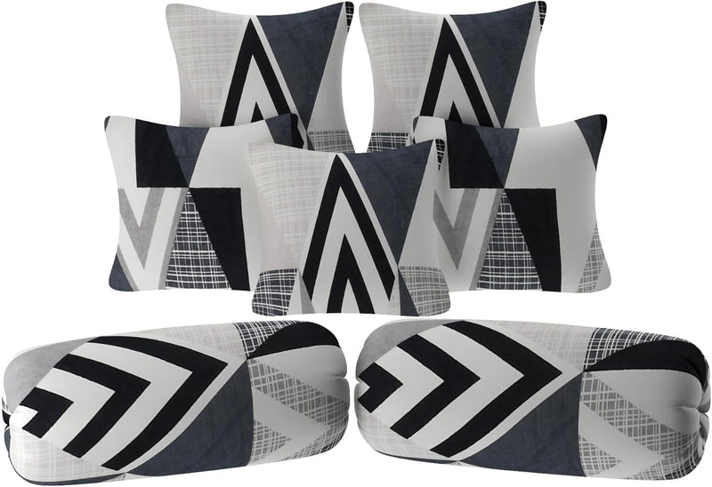 TIB Presents Flannel Warm Diwan Cover Set, 1 Single Bedsheet (60 x 90 inch), 5 Pillows (16 x 16 inch), 2 Bolster Covers (16 x 32 inch) (Triangle Black)