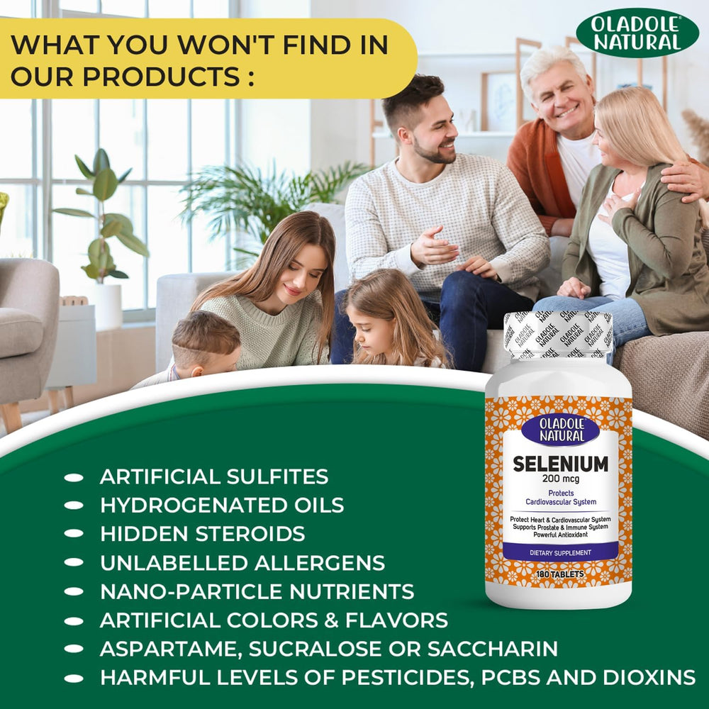 Oladole Natural Selenium- 200mcg (180 Tablets) Antioxidant Powerhouse For Immune System, Thyroid Support, Heart Health, Boost Energy Levels, Metabolism Support Non- GMO, Gluten Free