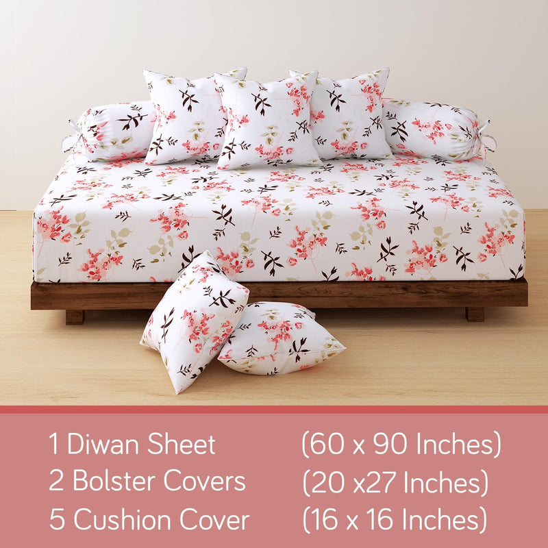 HOKIPO Cotton Feel Brushed Microfiber 145 GSM Printed 8 Pcs Diwan Set with 1 Bedsheet 60x90 Inches|2 Bolster Covers 20x27 Inches|5 Pillow Covers 16 Inches (D5-IN-778), Multicolor