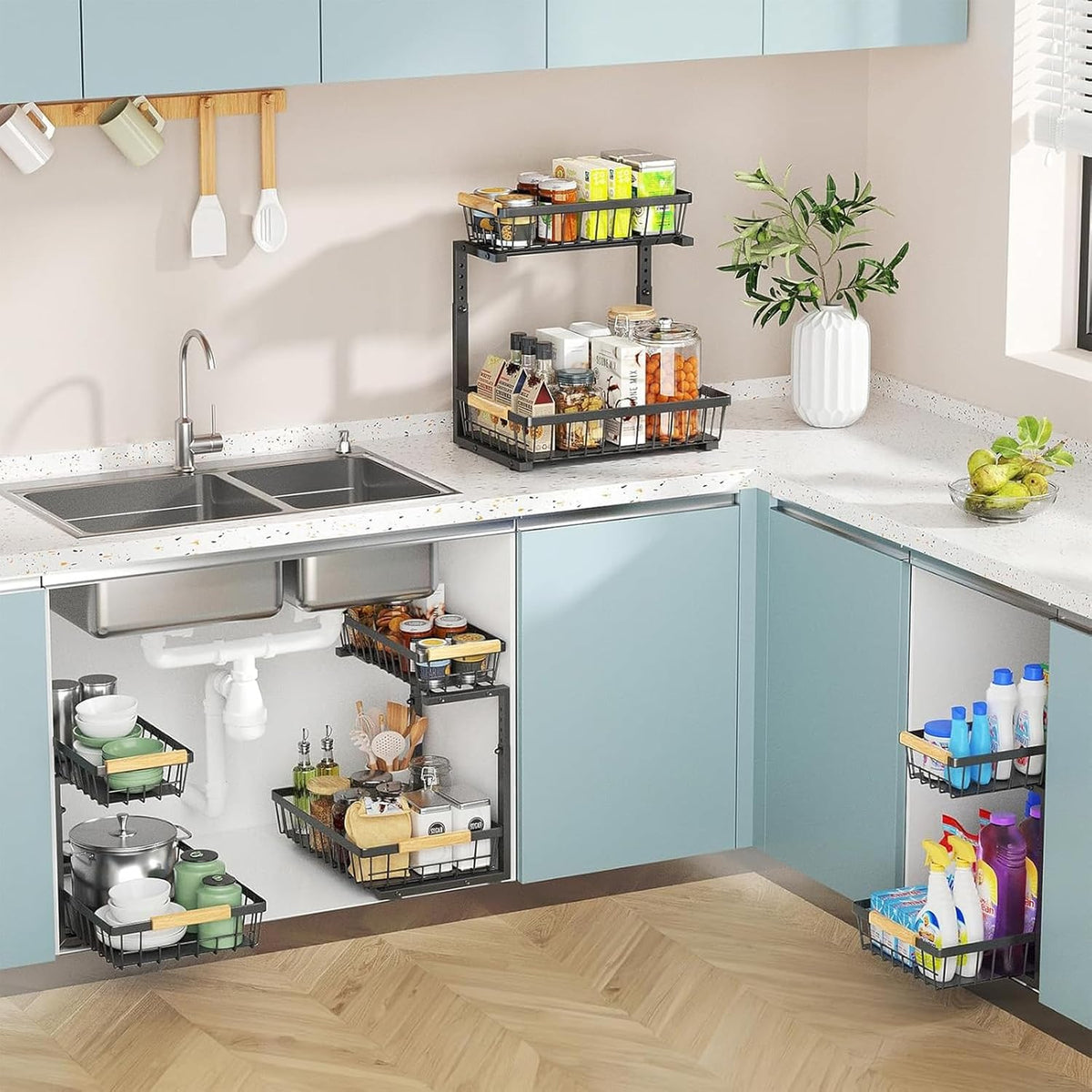 Under Sink Organizer, Height Adjustable Under Sink Organizers and Storage, 2 Tier Pull Out Drawer Cabinet Storage for Kitchen Bathroom, 1 Pack – image 5