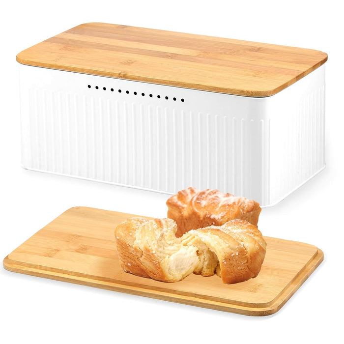 NALACAL Modern Metal Bread Box with Bamboo Lid, Bread Storage Container, 13×7×5.3 Inch Bread Storage Container for Kitchen Counter, Bread Keeper for Homemade Bread, Bagel, Muffins, Rolls