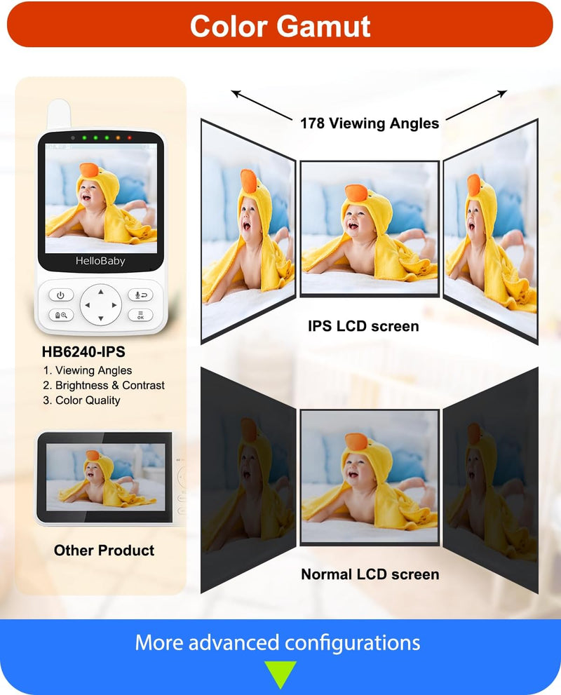 HelloBaby Monitor with 29Hour Battery Life and 4" IPS Screen, No WiFi, Video Baby Monitor with Camera and Audio 1000ft Long Rang Auto Night Vision 2 Way Audio Temperature VOX Mode for Baby Pet Eldly
