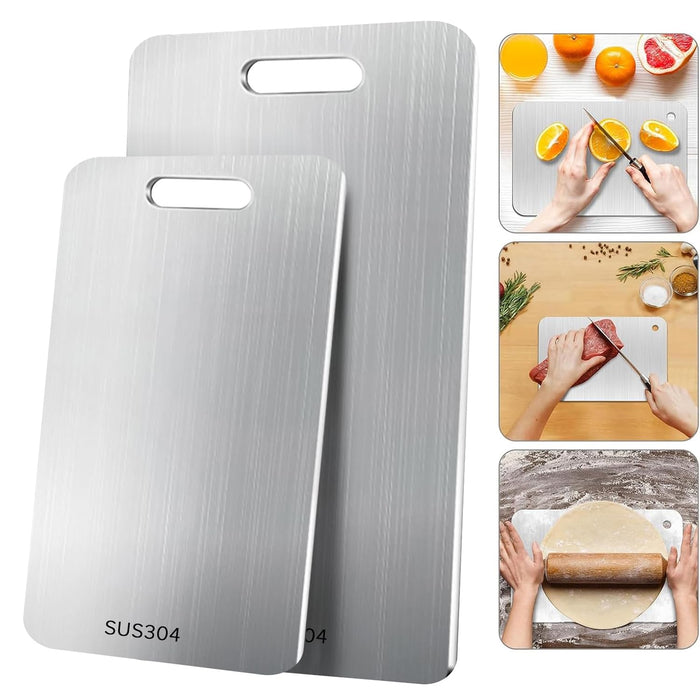 Yakiter Kitchen Cutting Board, 304 Stainless Steel Cutting Board for Kitchen & Meat Cheese Vegetable Fruit, Double-Side using, Easy-Grip Handle (C-Two piece set)