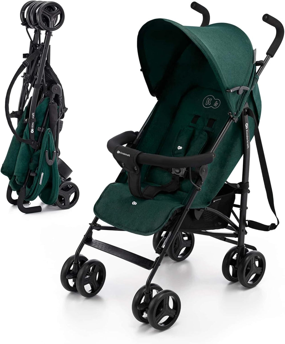 Kinderkraft TIK Pushchair, Lounger Pushchair, Lightweight - 6.5 kg, Rotating Front Wheels, Adjustable Handle, Continuous Backrest Adjustment, Quick Folding, Up to 17 kg, Green