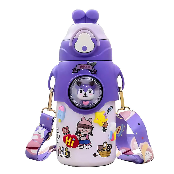 Twisoo Cute Rabbit Cartoon Kids Water Bottle with Straw and Adjustable Strap Food Grade Tritan One-Click Open Portable Leak Proof Insulated BPA Free For Kids Girls School Travel 500ml (Purple)