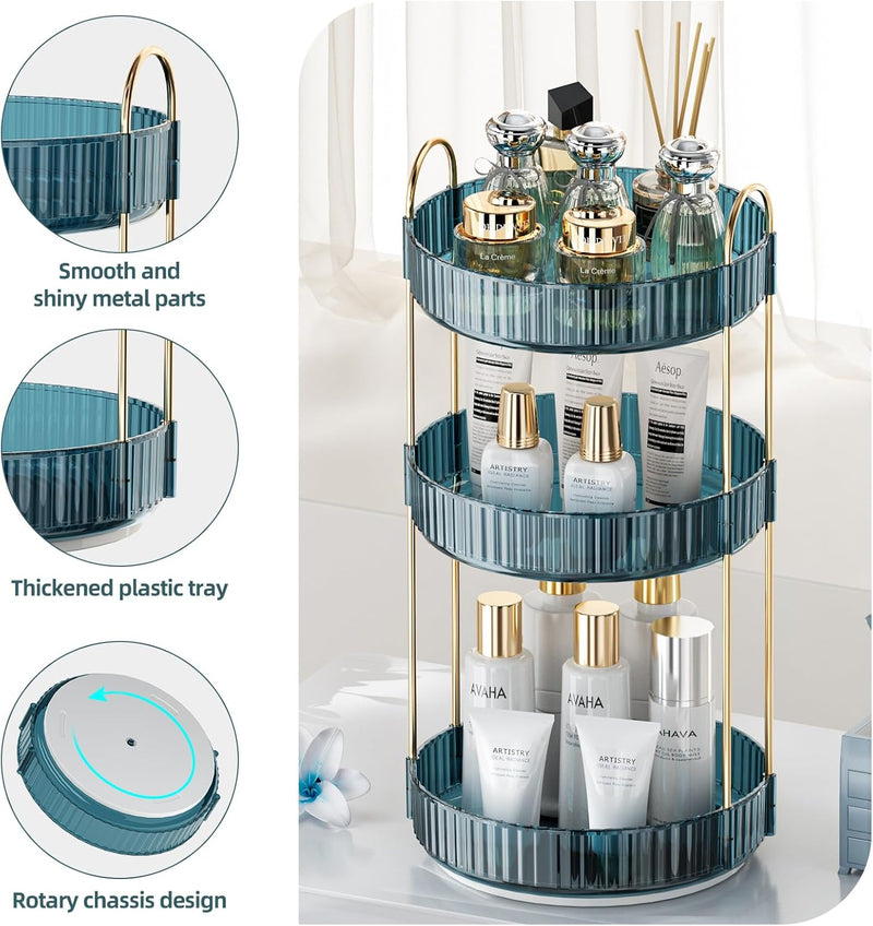 INVSSENE 360° Rotating Makeup Organizer, Bathroom Make Up Spinning Holder Rack, Large Capacity Cosmetics Storage Vanity Shelf Countertop, Fits Cosmetics, Perfume, Skincare, Lipsticks(2 Tiers, Green)