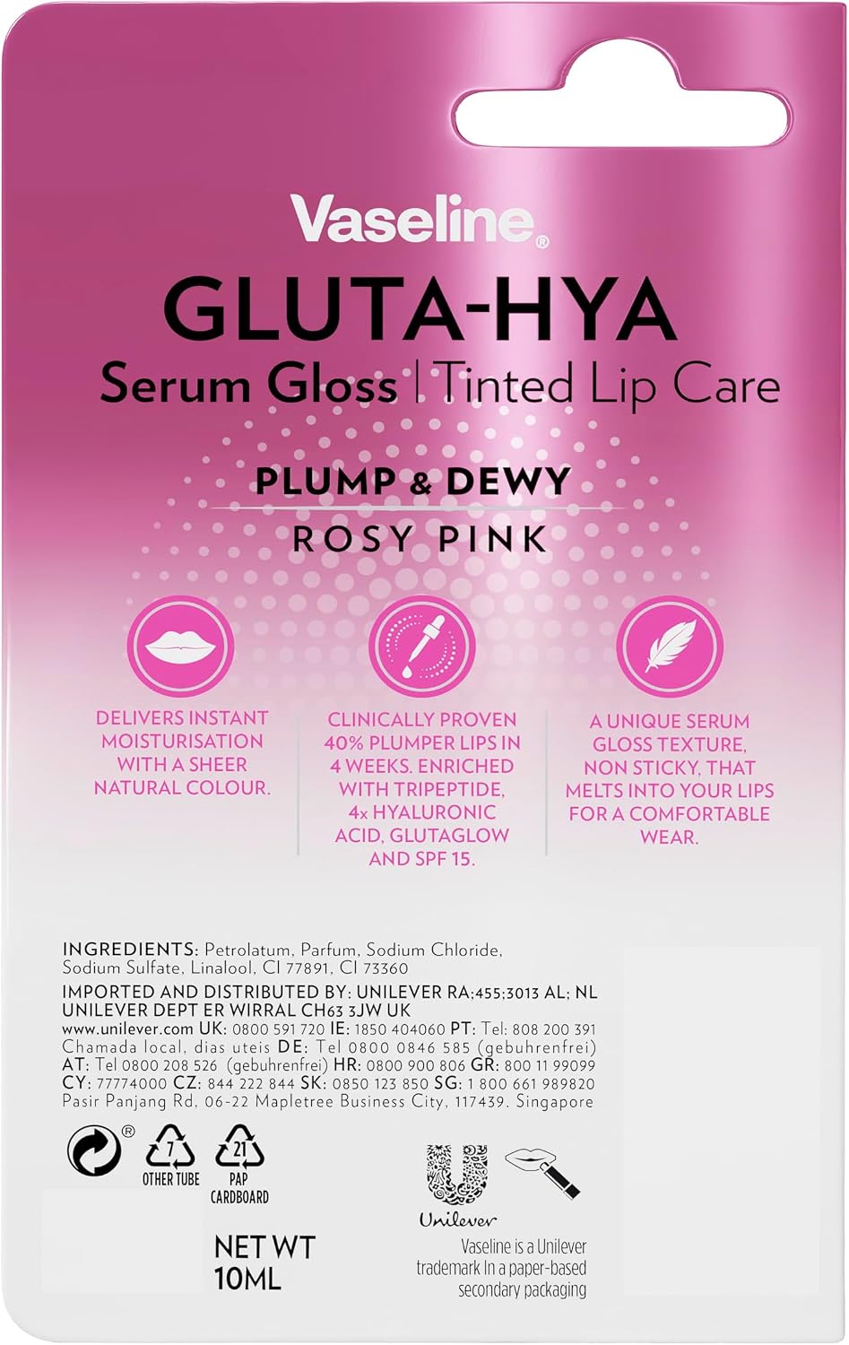 Gluta-Hya Serum Gloss Tinted Lip Care Rosy Pink Hyaluronic Acid & Glutathione for Plump Dewy Lips Instant Moisturisation, SPF 15, Non-Sticky 10 ml – image 3