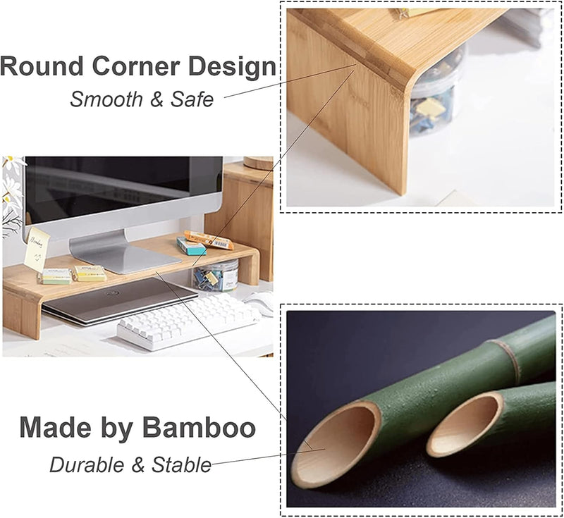 ikeoat Monitor Stand Riser, Ergonomic Height Bamboo Wood Desktop Riser Organizer, PC/Laptop/TV/Printer Monitor Stand for Home Office Use, No Assembly Required